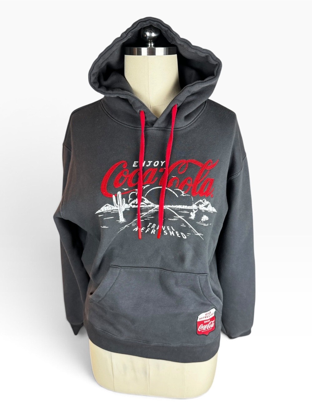 Coca Cola Hoodie Sweatshirt M Charcoal Gray Embroidered Logo Retro Graphic